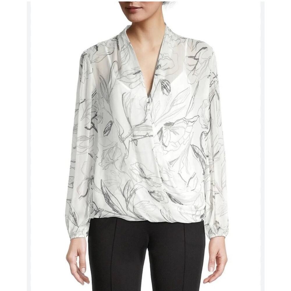 Milly Paula White Black Sketched Iris Floral Print Draped Cross Front Top Size M
